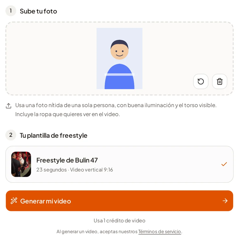 Foto ilustrada de ejemplo cargada en el generador, con la plantilla Bulin 47 freestyle y el botón para generar